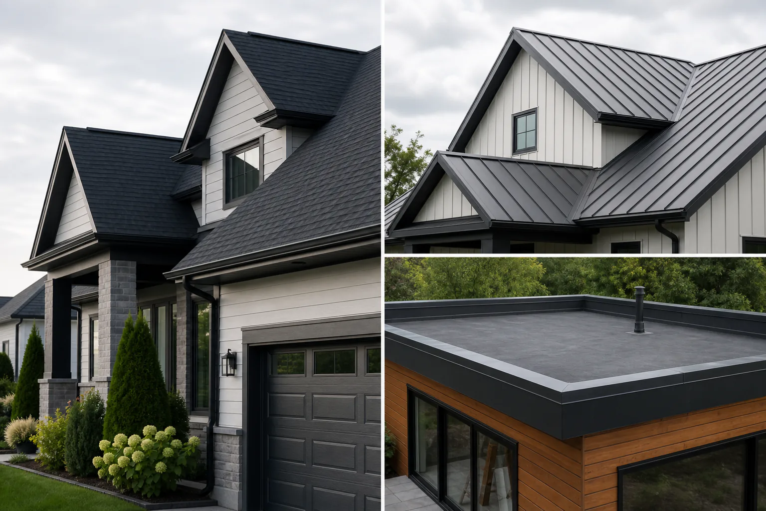 Completed shingle, metal, and flat roofing project examples