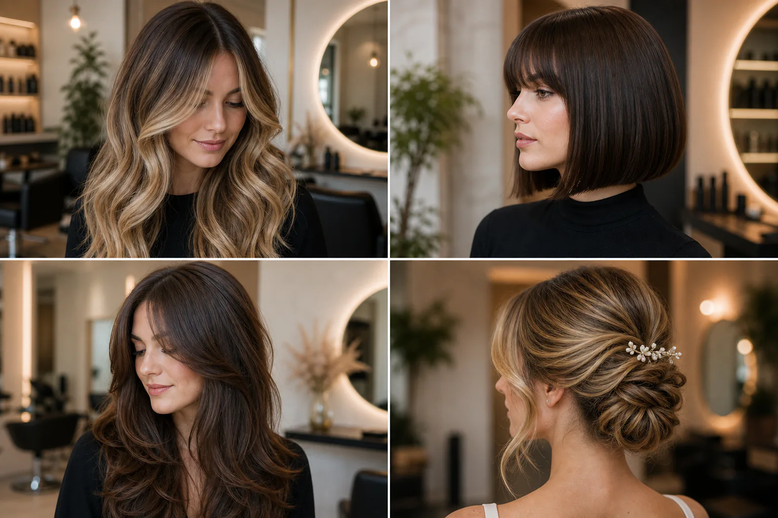 Salon lookbook showing balayage waves, a bob, layered hair, and a bridal updo